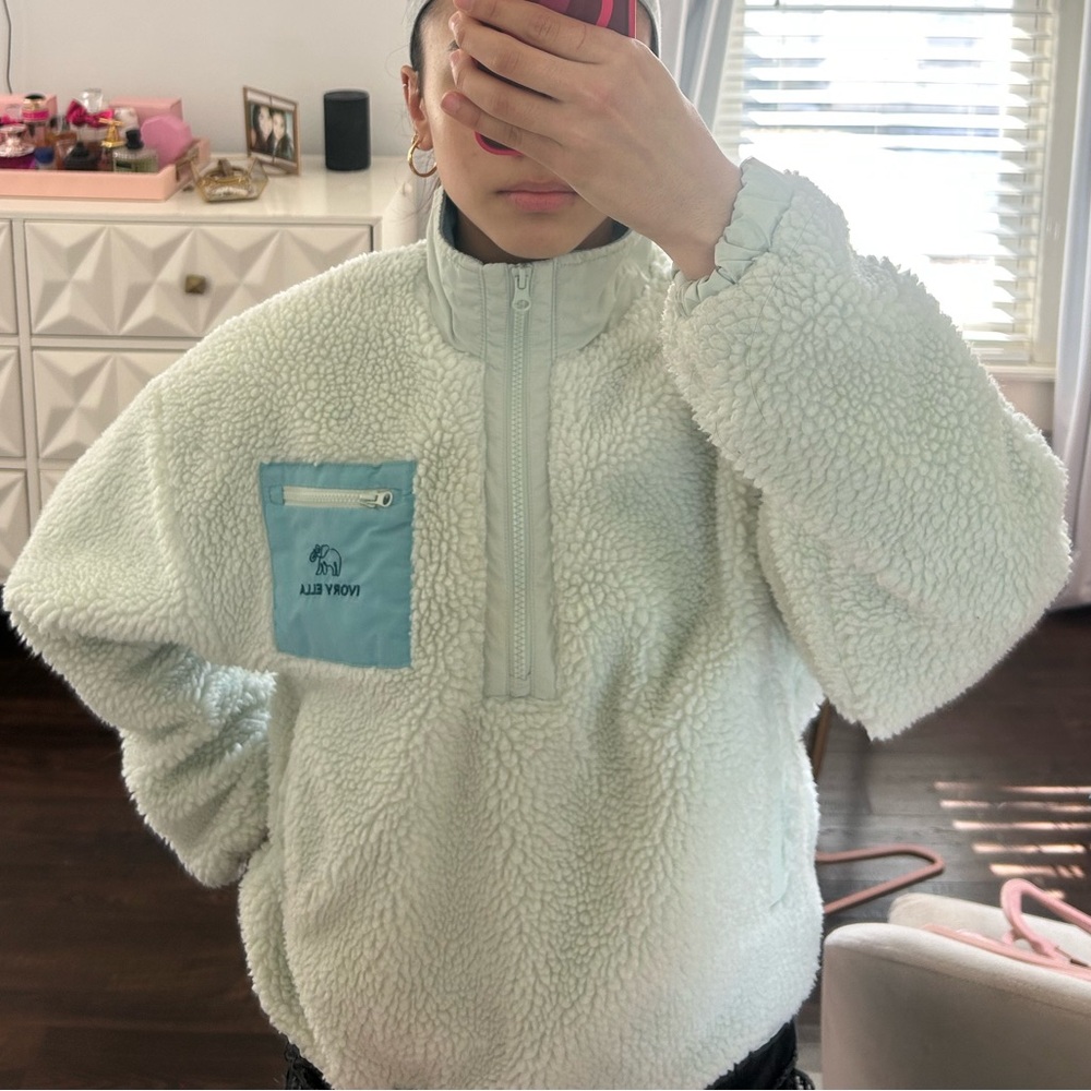 Ivory Ella sherpa Quarter zip Jacket in Green and Blue